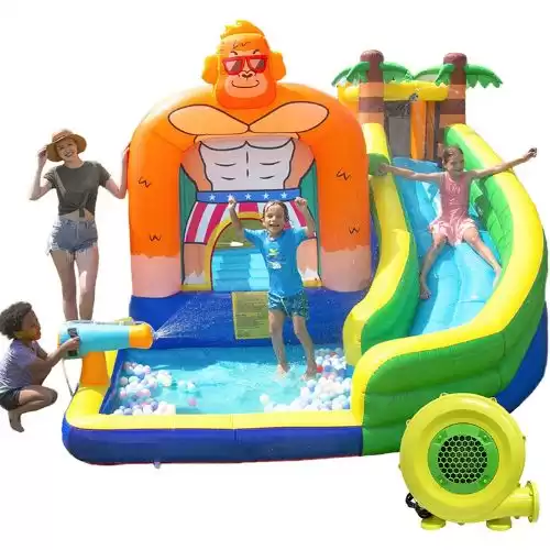 HECCEI Giant Inflatable Water Bounce House with Trampoline, Water Slide, and Pool, with 450W Air Blower and a Carry Bag