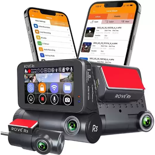 Rove R3 Dash Cam, 3” IPS Touch Screen, 3 Channel Dash Cam Front and Rear with Cabin, Built-in GPS, 5.0 GHz WiFi, 2K 1440P+1080P+1080P, 24-HR Parking Monitor, Supercapacitor, Supports up to 256GB Max