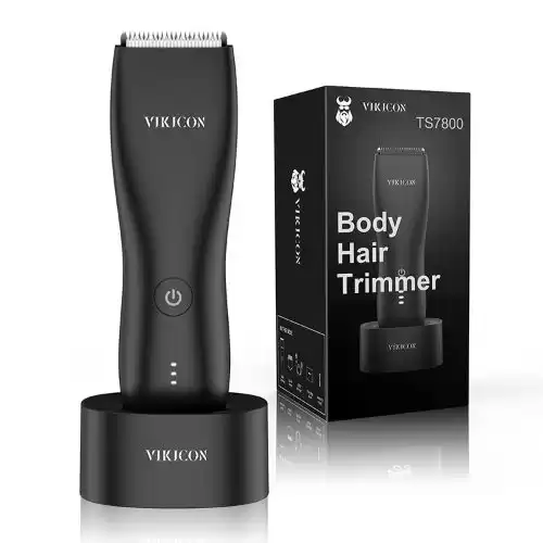 VIKICON Electric Groin Hair Trimmer: Ball Shaver & Body Groomer for Men Waterproof Wet / Dry Body Hair Clippers, Male Hygiene Razor with Standing Recharge Dock, Replaceable Ceramic Blade Heads (Bl...