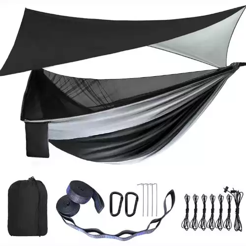 Camping Hammock - Hammocks with Mosquito Net Tent and Rain Fly Tarp, Portable Single & Double Nylon Parachute Hammock with Heavy Duty Tree Strap, Indoor Outdoor Backpacking Survival Travel