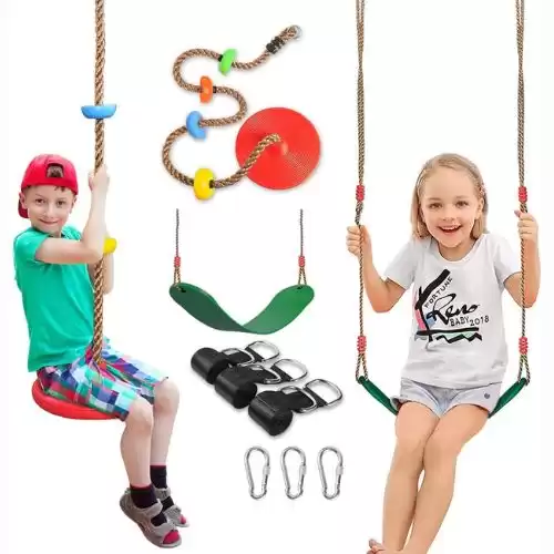 SUNCITY Swing Set 2 Pack Swings Seats Tree Climbing Rope Swing Multicolor with Platforms, Outdoor Toys for Kids Ages 3+, Outside Playground Backyard Swingset Accessories with 5Ft Strap and Snap Hook