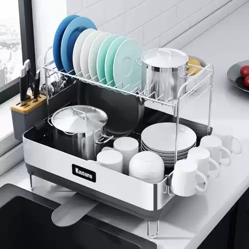 Kitsure Dish Rack, 2-Tier Dish Drying Rack with Large Capacity, Multifunctional Dish Drying Rack with Drainboard, Rustproof & Durable Dish Rack and Drainboard Set with Easy Installation