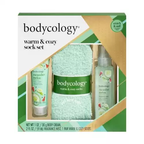 Bodycology Warm & Cozy Sock Set with Cucumber Melon Fragrance Mist & Cream, 3 PC