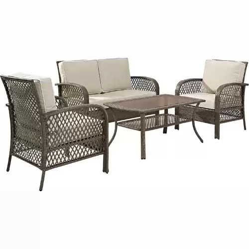 Crosley Furnitu KO70037DW-SA Tribeca 4-Piece Outdoor Wicker Conversation Set (Loveseat, 2 Arm Chairs, Coffee Table), Driftwood with Sand Cushions