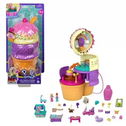 Polly Pocket Spin ‘N Surprise Compact Playset, Ice Cream Cone Shape, Playground Theme, 3 Floors, 25 Accessories