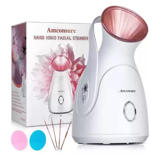 Facial Steamer, Amconsure Nano Ionic Face Steamer for Home Facial, 100ML Warm Mist Humidifier for Women Moisturizing Face Spa Steamer, Unclogs Pores-Bonus Stainless Steel Skin Kit and 2 Face Scrubbers