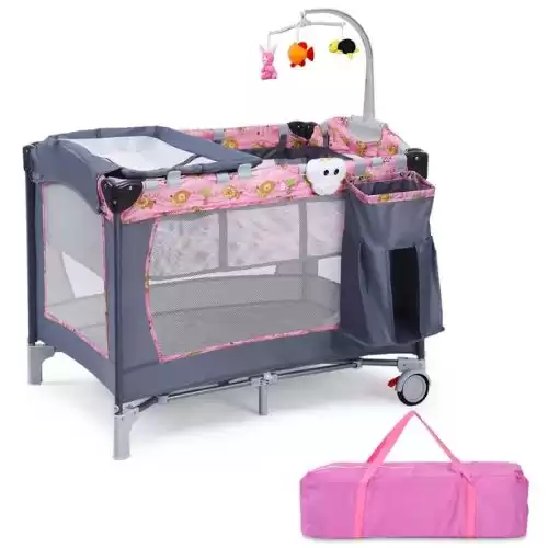 Costway Foldable Baby Crib Playpen Playard Pack Travel Infant Bassinet Bed Music Pink