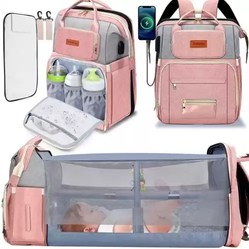 Diaper Bag Backpack, Tntants 6 in 1 Large Diaper Baby Bag with Changing Station for Boys Girl, Waterproof Baby Diaper Bags for Travel with Insulated Milk Bottle Pocket(Pink)