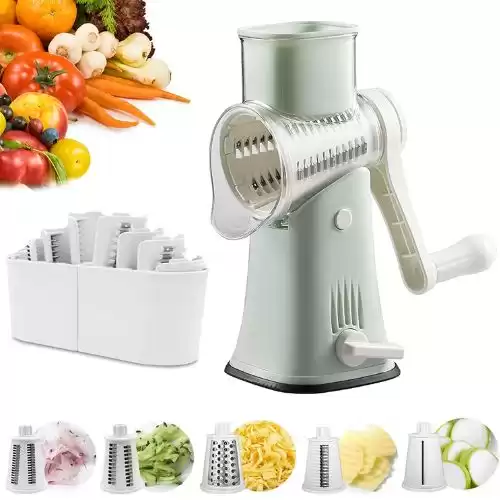 VEKAYA Rotary Cheese Grater and Shredder, 5 in 1 Manual Round Mandoline Slicer, Cheese Graters for Kitchen, Cheese Shredders, Grinder and Julienne for Vegetables,Cheese and Nuts