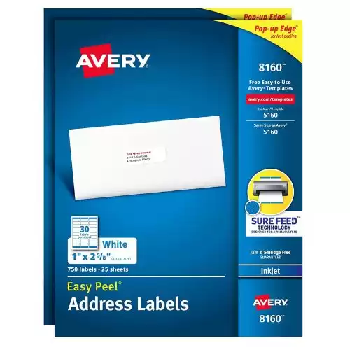 Avery 8160 Easy Peel Address Labels for Inkjet Printers, 1 x 2 5/8 Inch, White, 750 Count (Pack of 2)