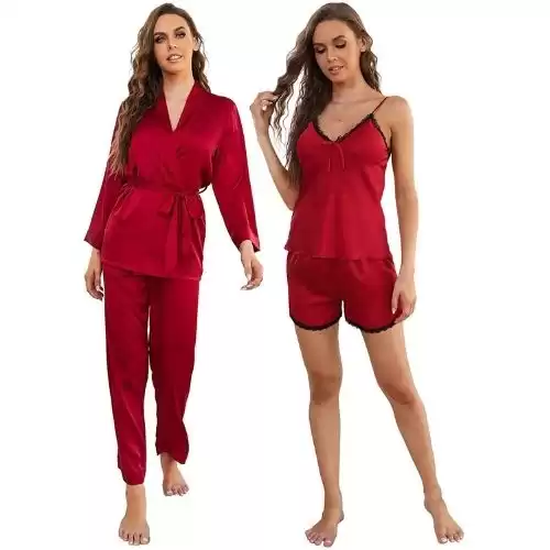 Arwser Women's Silk Satin Pajamas Set 4 Pcs Sleepwear Cami Top Pjs with Shorts and Robe