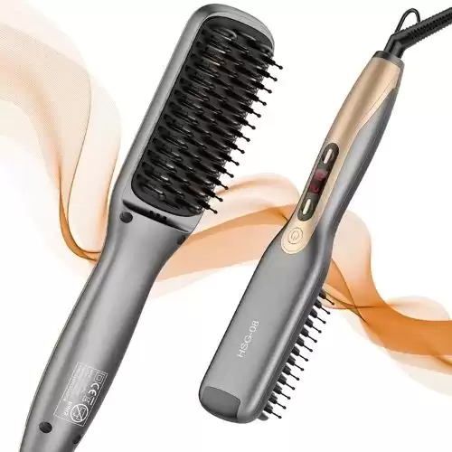 Hair Straightener Brush, Fast Heating Ceramic Hair Straightener Comb with 4 Temp Settings, Anti Scald, Auto Temperature Lock, Auto-Off, Quick & Professional Hair Salon for Frizz-Free Silky Hair, G...