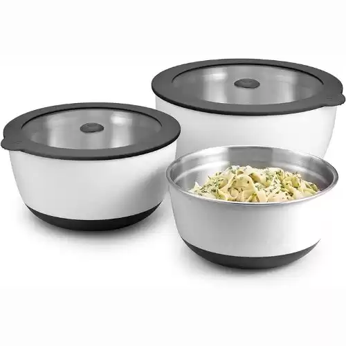 Evolution Microwave Stainless Steel Mixing Bowl with Lid Set, 1.5qt. 3qt .5qt. Tempered Glass Lids - Glass Mixing Bowls Alternative, Eco-Friendly Lightweight Bowls, Non Slip Base, Nesting For Storage