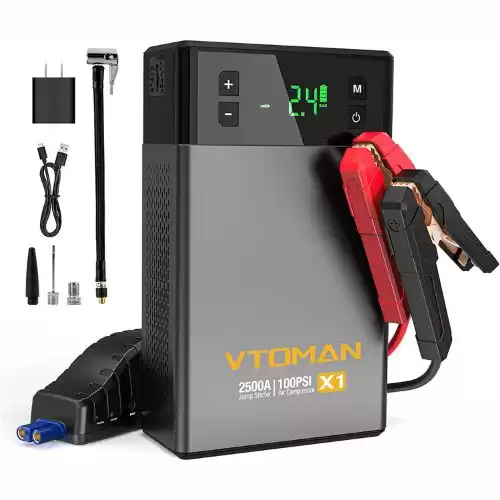 VTOMAN X1 Jump Starter with Air Compressor, 2500A Battery Starter with 100PSI Digital Tire Inflator, 12V Lithium Jump Box for Vehicles, LIFEBMS Car Battery Booster for 8.5L Gas or 6.0L Diesel Engines