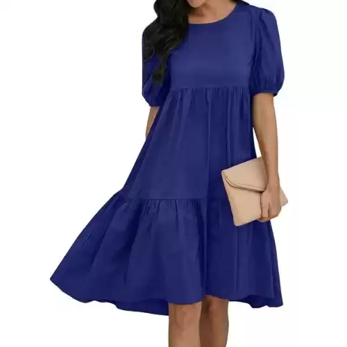 HUBERY Women Crew Neck Short Puff Sleeve Ruffled Keyhole Back Midi Dress