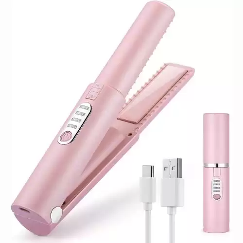 Hair Straightener (Upgraded), Cordless Straightener, Wireless Flat Iron for Hair, USB-C Rechargeable Ceramic Mini Flat Iron with 4800mA Battery, Adjustable Temperature, Travel Size (Pink)