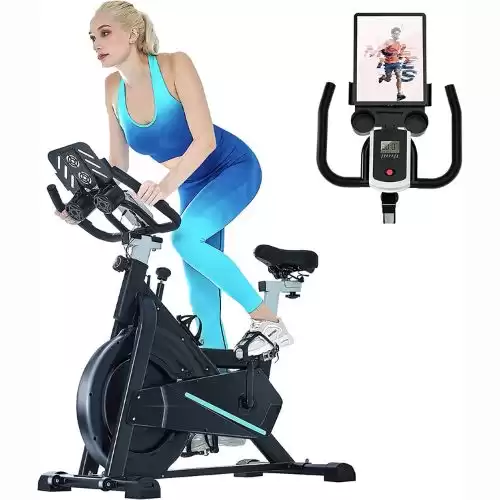 Exercise Bike, Indoor Cycling Bike Stationary with Larger & Sturdier Structure, Suitable for Height 4.5 to 6.4 Feet, Full-Wrapped Safety & Silent Flywheel, 4-in-1 Ipad Mount for Home Cardio Wo...