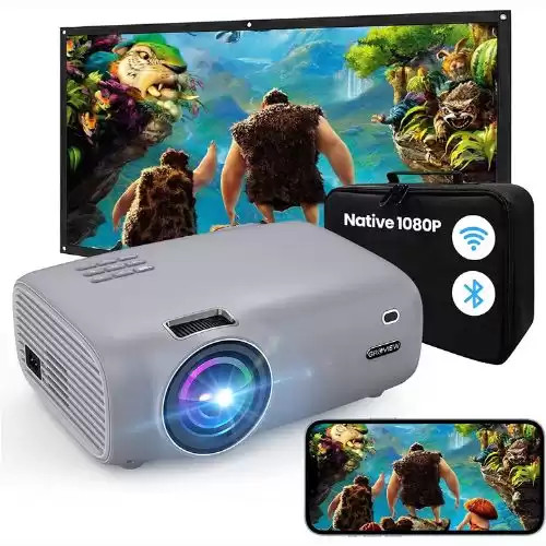 Projector with WiFi and Bluetooth, Native 1080P Projector 8500L Hd Mini Phone Projector with 100'' Projector Screen,Video Projector Home Theater for Outdoor Movie Compatible with Phone