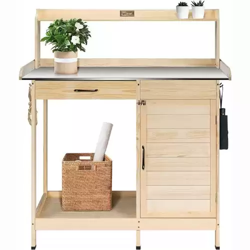 VIVOSUN Garden Potting Bench Outdoor Wood Workstation Table with Metal Tabletop, Cabinet, Sliding Drawer Shelf Natural Wood