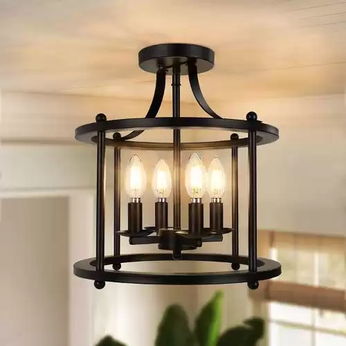 Farmhouse Semi Flush Mount Ceiling Light Fixture, 4-Light Industrial Ceiling Light Matte Black w/ E12 Base Metal Rustic Vintage Chandelier Lighting for Kitchen Dining Room Hallway Entryway Bedroom