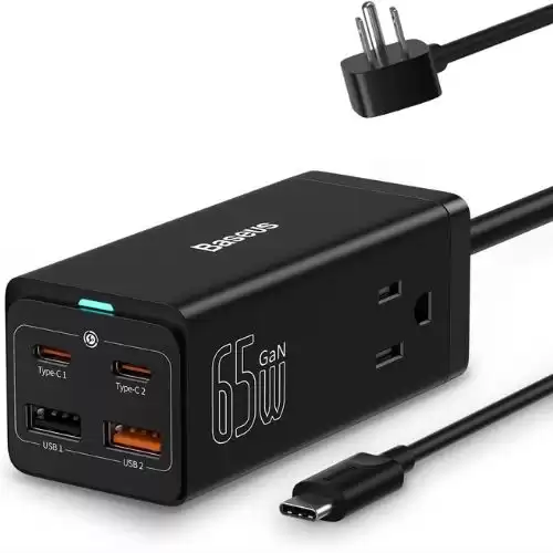 Baseus PowerCombo 65W, USB C Charger, All-in-One GaN3 USB C Charging Station with 2 Outlets Extender &3 Fast Charging Ports, USB C Wall Charger Compatible with MacBook Laptops iPhone Samsung iPad