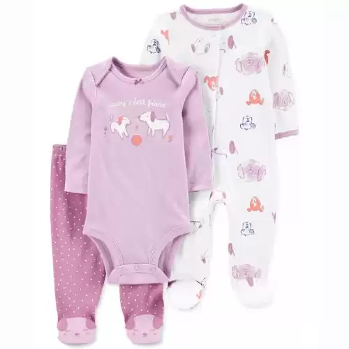 CARTER'S Baby Girls 3-Piece Bodysuit. Pants & Footed Coverall Set