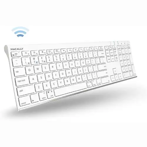 Macally Wireless Bluetooth Keyboard for Mac or Windows PC - Multi Device Keyboard, Up to 3 Devices - Compatible Apple Keyboard Rechargeable with 110 Keys, 20 Shortcuts, and Numeric Keypad - White