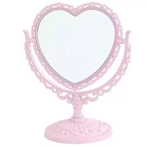 Double-Sided 7" Heart Shaped Tabletop Vanity Makeup Mirror With 3X Magnification