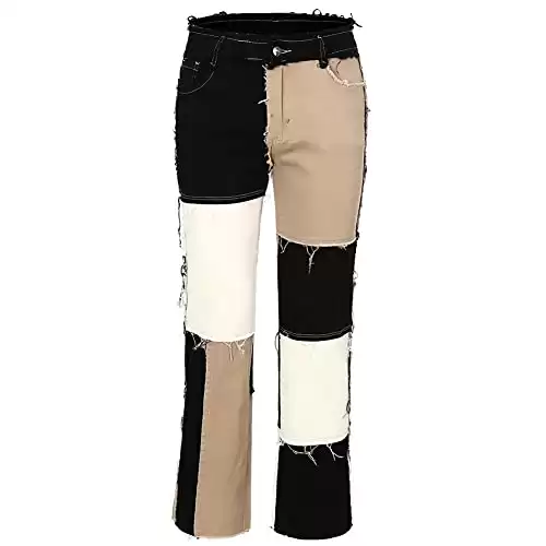 THUNDER STAR Womens Patchwork Straight Leg Jeans Mid Rise Stretch Frayed Denim Pants