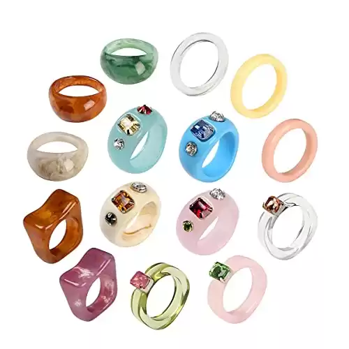 AIDSOTOU 20 Pcs Resin Rings Acrylic Cute Trendy Rings Colorful Rhinestone Rings Jewelry Plastic Resin Square Gem Stackable Chunky Ring for Women Girls