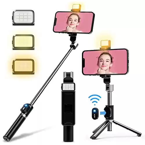 ACEHE Selfie Stick, 2 Level Fill Light & All in 1 Portable Bluetooth Selfie Stick Tripod Phone Holder with Detachable Wireless Remote, Compatible with iPhone 12/11/XR/X, Galaxy S20/S10, Huawei (Bl...