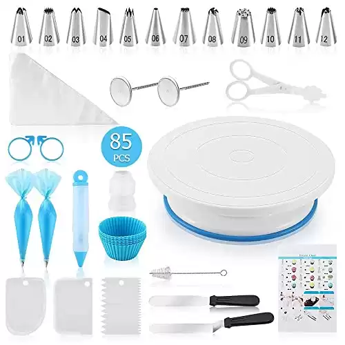 Docgrit Cake Decorating kit- 85PCs Cake Decoration Tools with a Non Slip Base Cake Turntable, 12 Numbered Cake Icing Tips & Guide and Other Cake Decorating Kit for Beginner