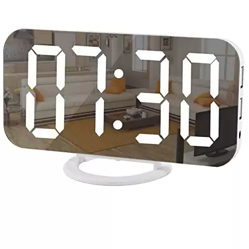 Large Display LED Digital Clock With Mirrored Surface, Diming Mode, Dual USB Ports