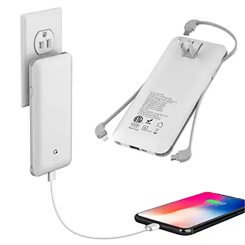 10000mAh Q Portable Charger, Ultra Slim USB C Power Bank, 4 Output Dual Input External Battery Pack with Built-in AC Wall Plug,Built in Micro and USB C Three Cables Compatible with All mobilephone