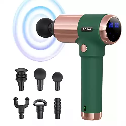 ROTAI Electric Muscle Massage Gun Quiet Handheld Percussion Deep Tissue Pain Soreness Relief 20 Adjustable Speeds Rechargeable LCD Massager with 6 Heads (Green)