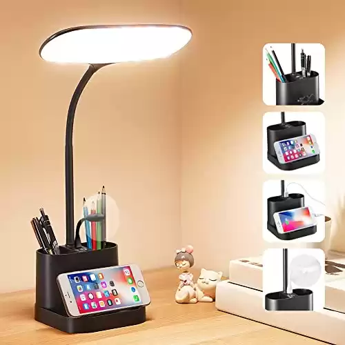 360° Gooseneck Touch LED Desk Lamp for Home Office With USB Charging Port, Pen Holder, 3 Modes And 10 Brightness Levels