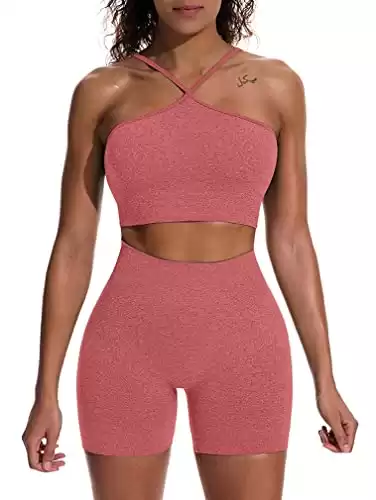 HYZ Women's Workout 2 Piece Outfits High Waist Running Shorts Seamless Gym Yoga Crop Top Bra Sets