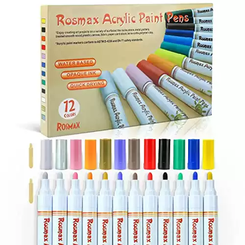 Rosmax Acrylic Paint Pens, 12 Pack Paint Pen for Rock Painting, Canvas, Photo Album, DIY Craft, School Project, Glass, Ceramic, Wood, Metal, DIY Craft Making Supplies. Water-based Acrylic Paint Marker...