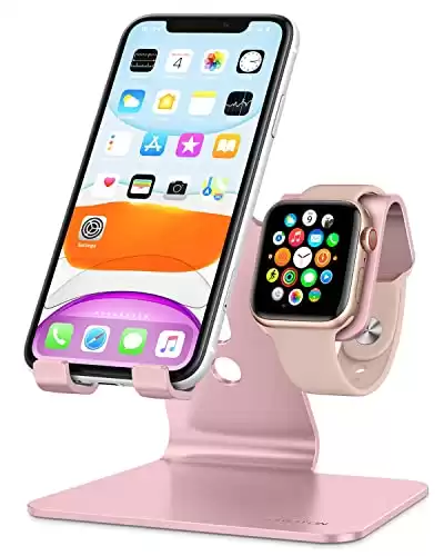 Apple Watch Stand, OMOTON 2 in 1 Universal Desktop Stand Holder for iPhone and Apple Watch Series 7/6/5/4/3/2/1 and Apple Watch SE (Both 38mm/40mm/42mm/44mm) (Rose Gold)