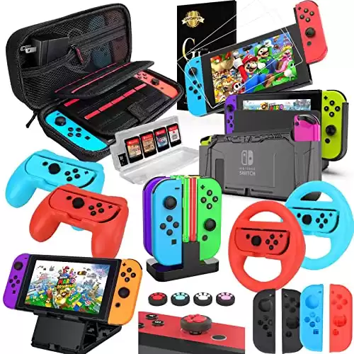 Nintendo Switch 18-Piece Accessories Bundle With Carrying Case, Screen Protector, Playstand, Game Case, Joystick Cap, Charging Dock And Steering Wheel