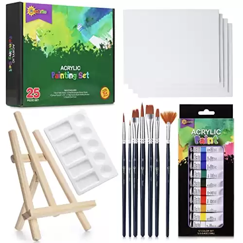 RISEBRITE Acrylic Paint Set with Canvas – 25Pcs Painting Kit Includes Mini Easel, Premium Painting Supplies, Brushes, Art Canvases and More | Paint Set for Adults, Kids and Beginners