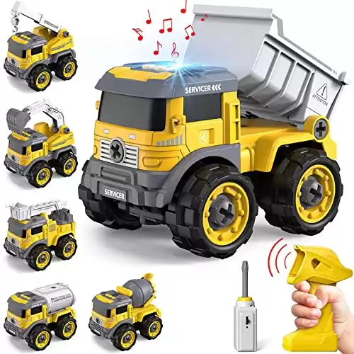 Take Apart Toys with Electric Drill - Converts to Remote Control Cars, 12 in 1 Take Apart Construction Trucks Transformers Toys, Toy Drills, Gift Toys for 3 4 5 6 7 8 9 Years Boys Girls Kids