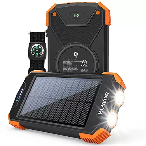 Solar Powered 10,000mAh Power Bank With Qi Wireless Charger, USB Type C Inputs, Dual Flashlight and Compass