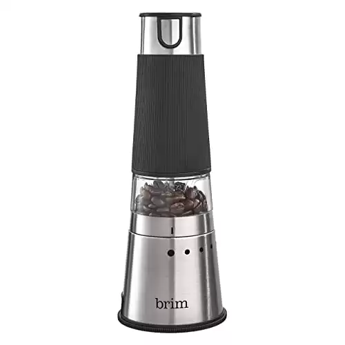 Brim Electric Handheld Burr Coffee Grinder, Simple One-Touch Operation, 9 Precise Grind Settings from Espresso to French Press, Removable 30g Ground Container for Easy Clean Up, Stainless Steel/Black