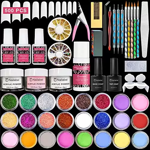 Nailabel Acrylic Nail Kit, Acrylic Powder, Liquid Monomer, Colored Acrylic Powder, Glitter, Rhinestone, and Nail Art Tools, for Nail Extension, Nail Decoration, Gift Box Set