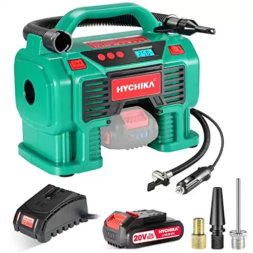 Air Compressor Tire Inflator, HYCHIKA 160PSI Portable Inflator with Pressure Gauge, 12V DC/20V 2.0Ah Battery Dual Power Supply, 1H Fast Charger, LED Light for Tires Balls and Other Inflatables