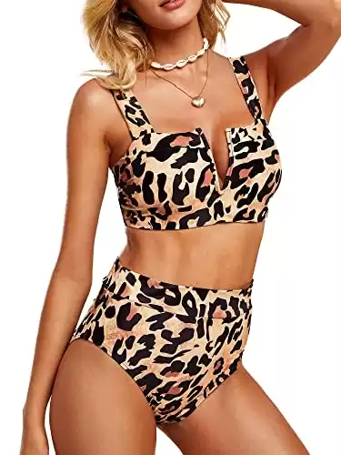 Sherrylily Womens Two Piece Swimsuits Leopard High Waist Strappy Bikini Set Padded Push Up Swimwear