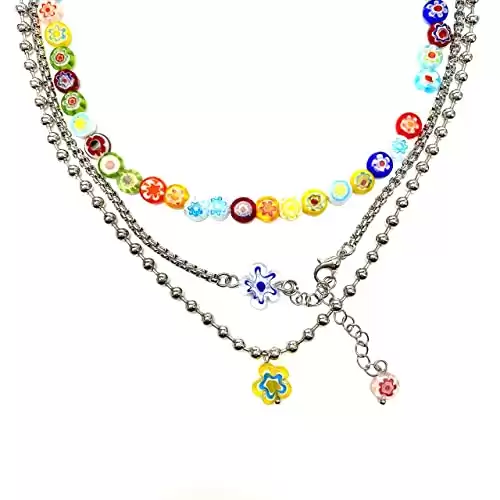 Y2k Necklace Layered Colorful Beaded Necklace Bead Choker Necklaces with Flower Pendant Indie Jewelry for Teen Girls Woman Cute Necklaces Set Coconut Girl Aesthetic Alt 2000s Necklaces Y2k Fashion Rav...