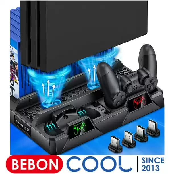 Stand & Cooling Fan for PS4 Slim/PS4 Pro/PlayStation 4 With Dual Controller Charge Station & 16 Game Storage