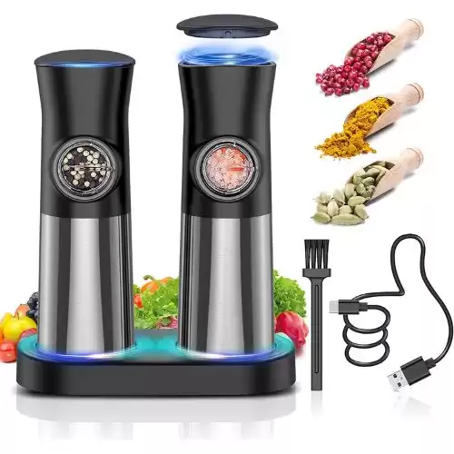 Gravity-Electric-Salt-and-Pepper-Grinder-Set - 𝐔𝐩𝐠𝐫𝐚𝐝𝐞𝐝 Large Capacity - USB Rechargeable Automatic Pepper Mill Grinder - Adjustable Coarseness - One Hand Operated - Stainless ...